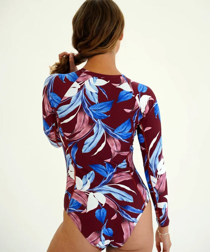 Botanica Zip Front Long Sleeve One Piece Swimsuit in Maroon - Moontide